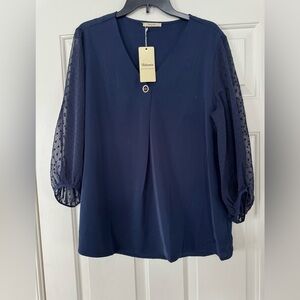 Navy Blouse with Sheer Polka Dot Sleeves XL NEW